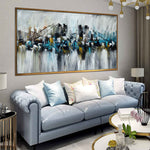 Bridge and the Skyscrapers - Cityscape art category - light blue sofa side wall background - golden frame