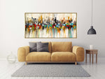 City of Joy - Cityscape art category - 2 seater sofa living room display - golden frame