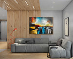 Colour Storm - Abstract art category - wooden floor and ceiling panel grey sofa - wooden frame style
