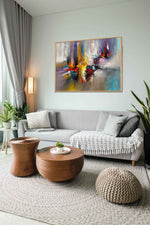 Colour Storm 2 - Abstract art category - grey sofa living room side view - bronze frame style
