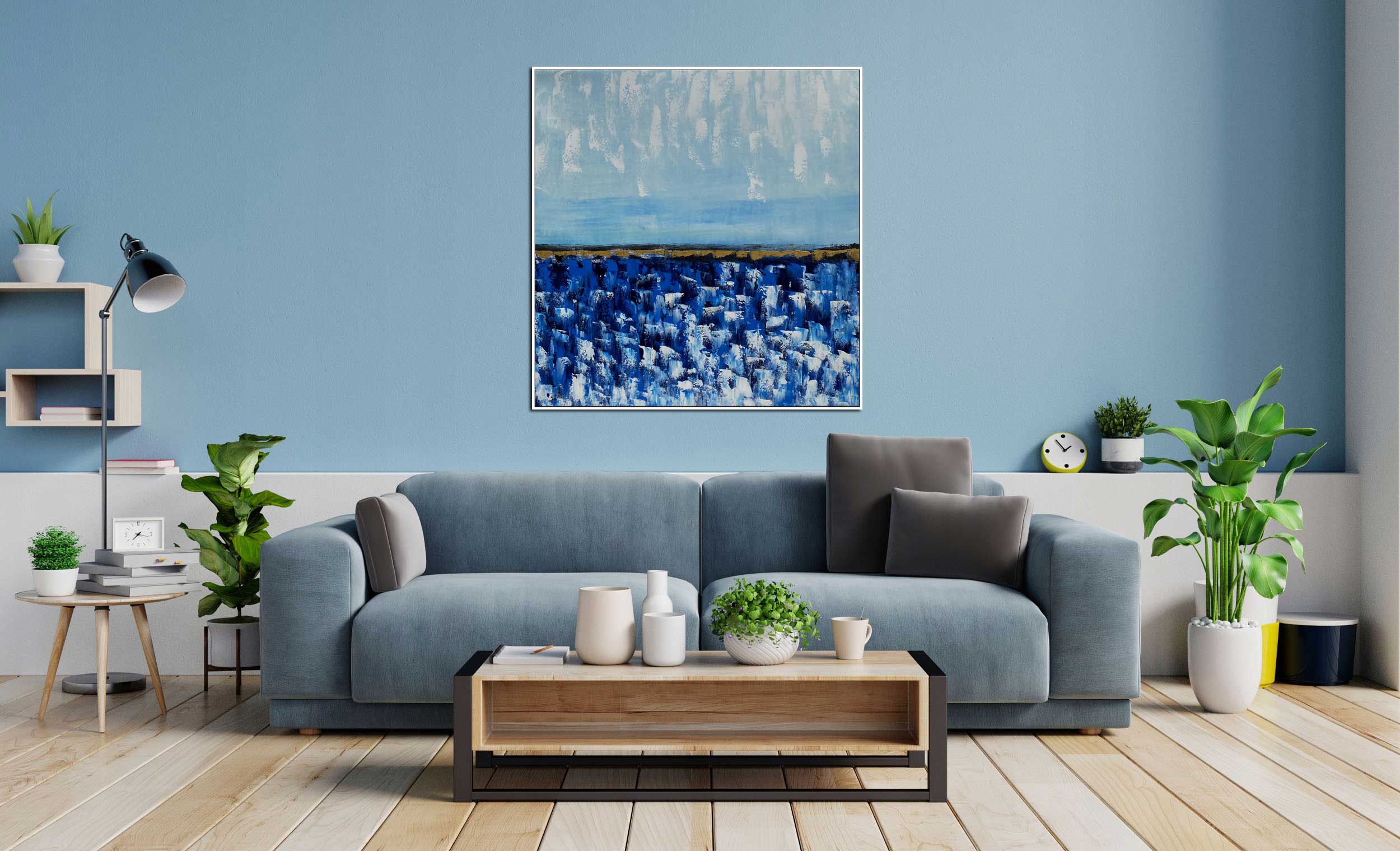 Cornflower Field - Abstract art category - Blue sofa background - white frame style