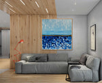 Cornflower Field - Abstract art category - wooden floor and ceiling panel - grey sofa - wooden frame style