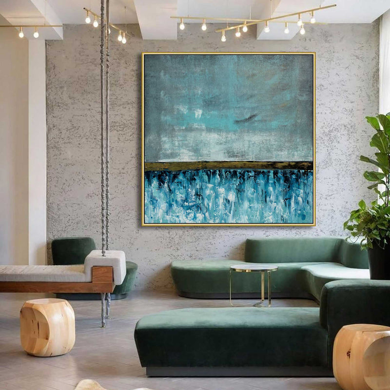 Cornflower Field 2 - Abstract art category - Modern green sofa background - golden frame style