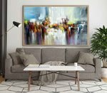 Dancing Colours 2 - Abstract art category - beige sofa - living room background - wooden frame