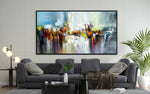 Dancing Colours 2 - Abstract art category - dark grey modern sofa - living room background - black frame