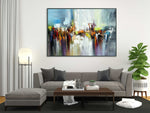 Dancing Colours 2 - Abstract art category - grey sofa - modern living room background - black frame