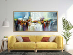 Dancing Colours 2 - Abstract art category - yellow sofa - living room background - wooden frame