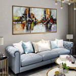Dancing Duo - Abstract art category - blue sofa display - golden frame style