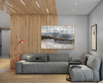 Gold River - Abstract art category - wooden floor and ceiling panel grey sofa - wooden frame style