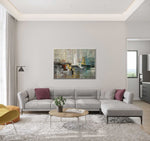 Happiness - Abstract art category - grey modern sofa living room background - white silver frame style