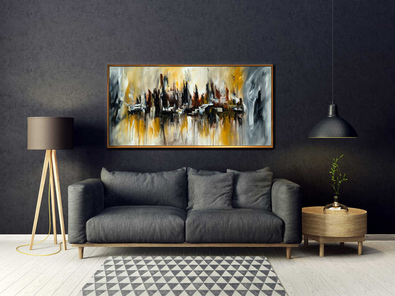 Hazy Downtown - Cityscape art category - charcoal sofa living room background - golden frame style