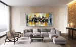 Hazy Downtown - Cityscape art category - grey modern sofa large living room background - gallery wrap style