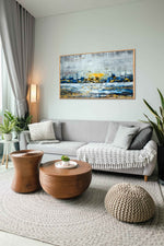 Hope - Abstract art category - grey sofa living room side view - wooden frame style