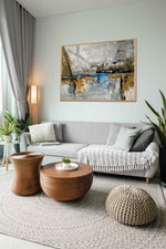 Joy---Abstract-art-category---grey-sofa-living-room-side-view---bronze-frame-style