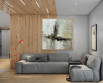 Moss Forest - Abstract art category - wooden floor and ceiling panel grey sofa - wooden frame style