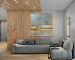 Quietness - Abstract art category - wooden floor and ceiling panel - grey sofa - wooden frame style