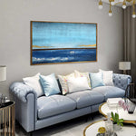 Sea Horizon - Seascape art category - blue sofa living room background - gold metal frame