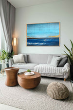 Sea Horizon - Seascape art category - grey sofa living room side view - wooden frame