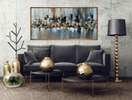 Skyscrapers at Night - Cityscape art category - Black sofa background - golden frame style