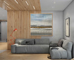 Spring Field - Abstract art category - wooden floor and ceiling panel - grey sofa - wooden frame style