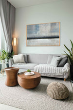 Stillness - Abstract art category - grey sofa living room side view - wooden frame style