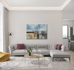 Summer Day - Abstract art category - grey modern sofa living room background - white silver frame style
