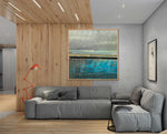 Summer Rain - Abstract art category - wooden floor and ceiling panel - grey sofa---wooden frame style