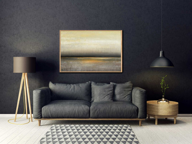 Sunset - Abstract art category - charcoal sofa living room background - wooden frame style