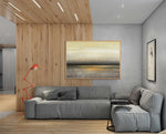 Sunset - Abstract art category - wooden floor and ceiling panel - grey sofa - wooden frame style