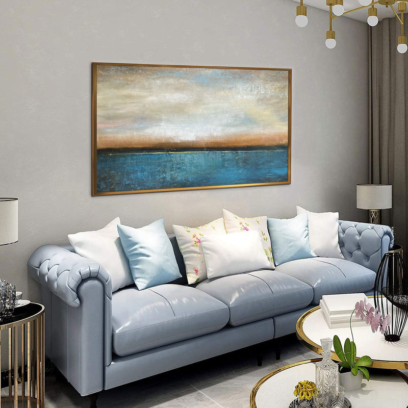 Sunset Horizon - Seascape art category - blue sofa living room background - gold metal frame