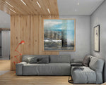 Underwater - Abstract art category - wooden floor and ceiling panel - grey sofa - wooden frame style