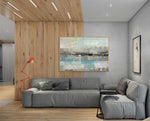 Underwater 2 - Abstract art category - wooden floor and ceiling panel - grey sofa - wooden frame style