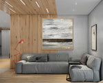 Winter Field - Abstract art category - wooden floor and ceiling panel grey sofa - wooden frame style